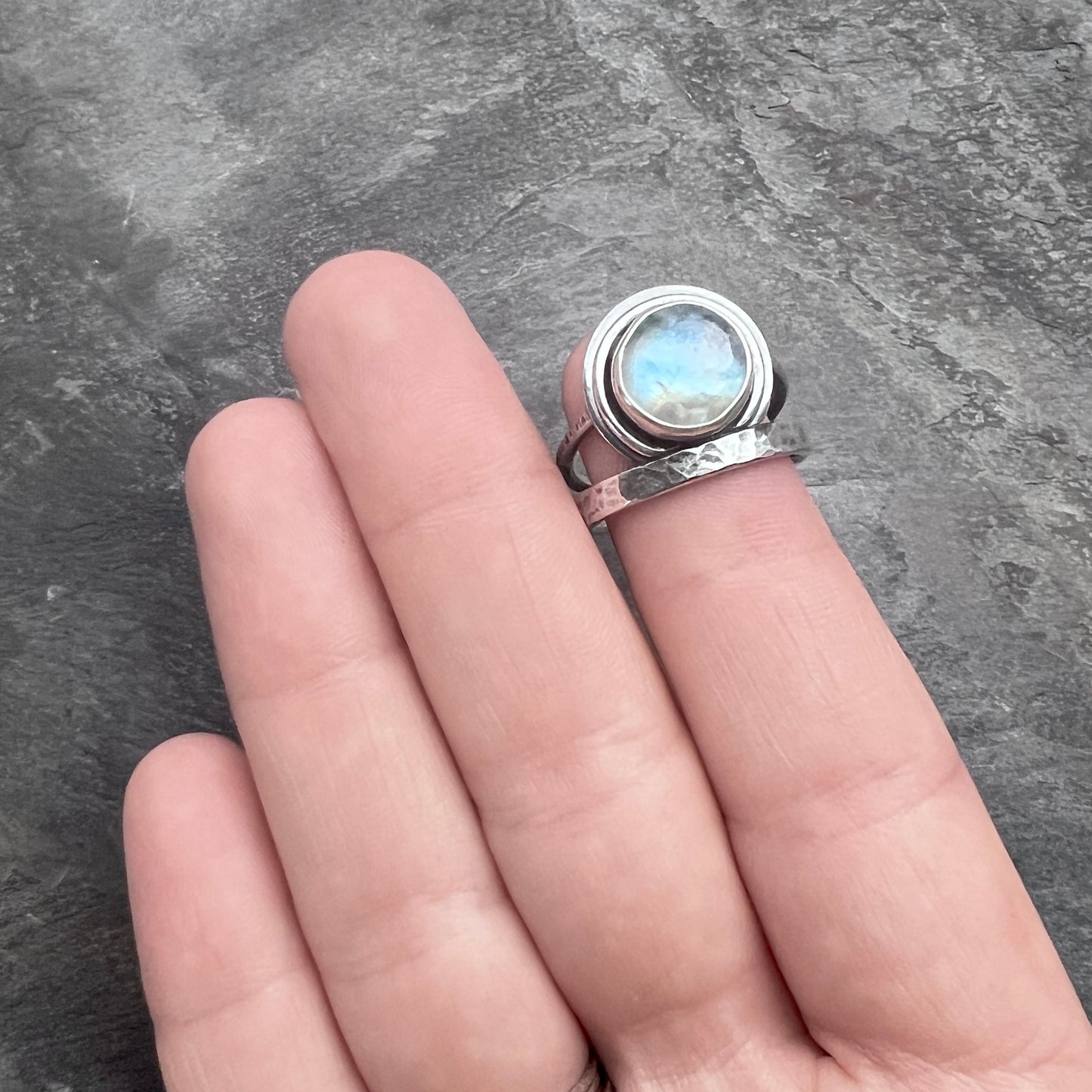 Sterling Silver Rainbow Moonstone Ring | Round Natural Stone Cabochon Ring - Size 9
