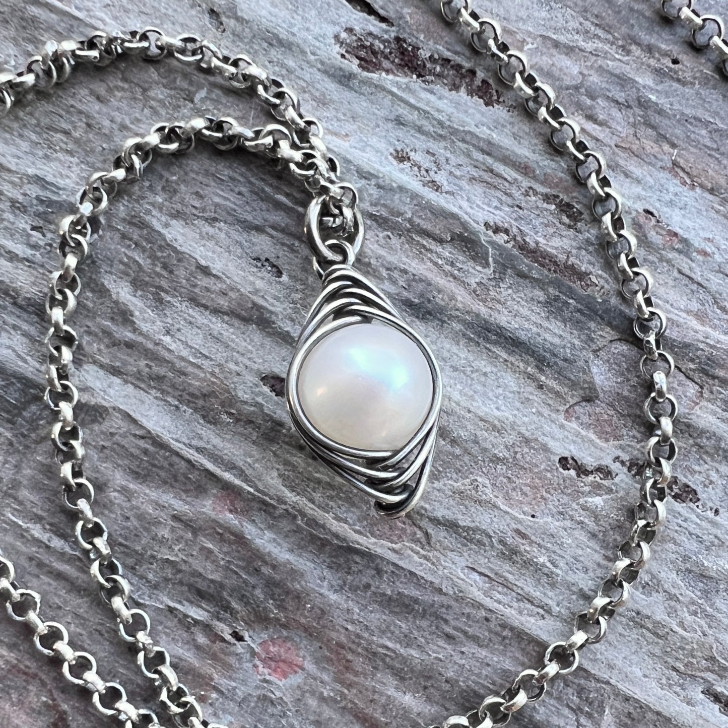 Sterling Silver Pearl Necklace | Genuine Freshwater Pearl Wire-Wrapped Pendant