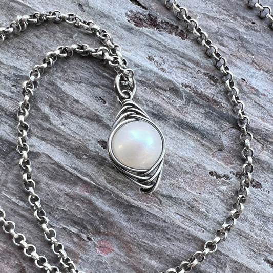 Sterling Silver Pearl Necklace | Genuine Freshwater Pearl Wire-Wrapped Pendant