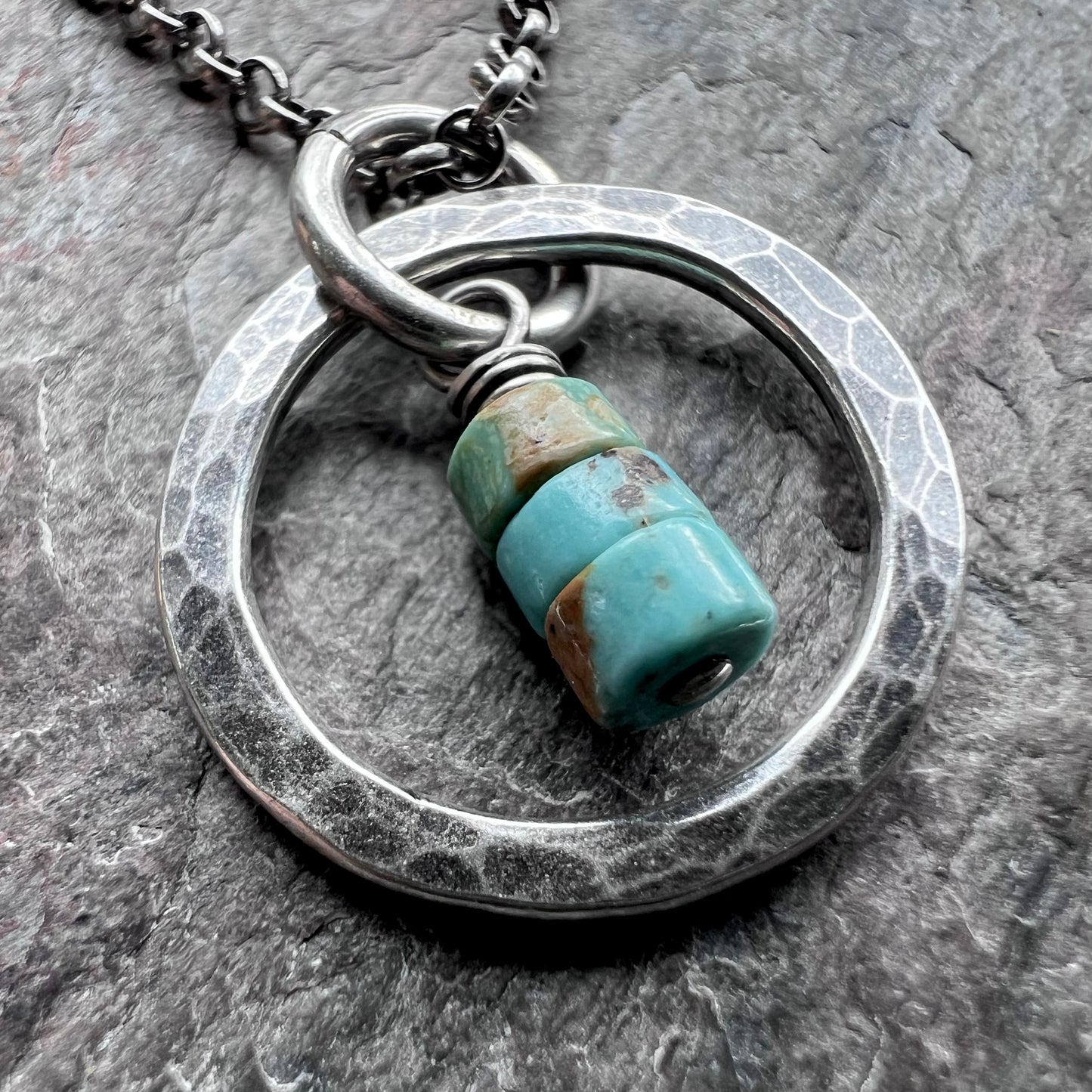 Turquoise Sterling Silver Necklace - Genuine Turquoise in Hammered Circle Pendant on Sterling Silver