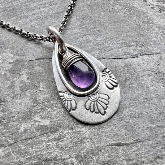 Genuine Amethyst Sterling Silver Necklace | Purple Teardrop Stamped Pendant