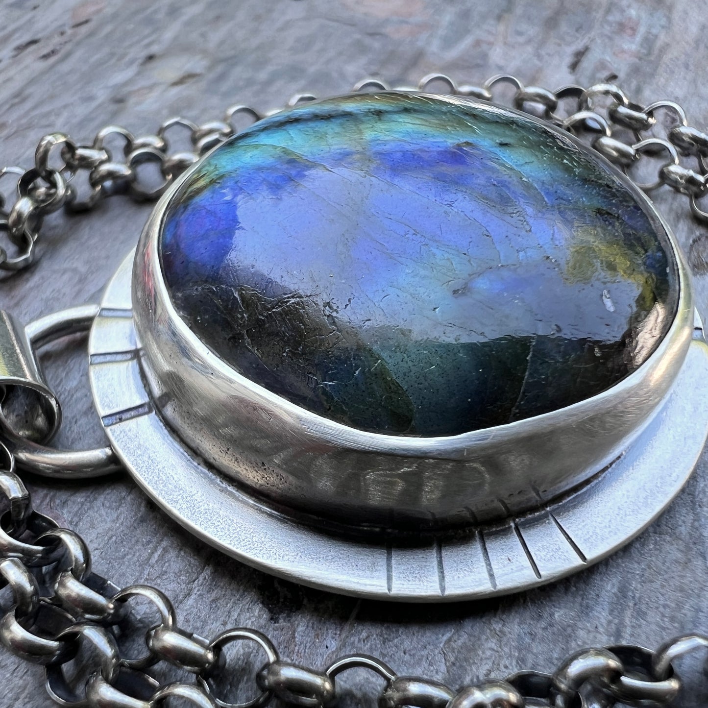 Labradorite Sterling Silver Necklace | Large Raw Natural Stone Round Pendant