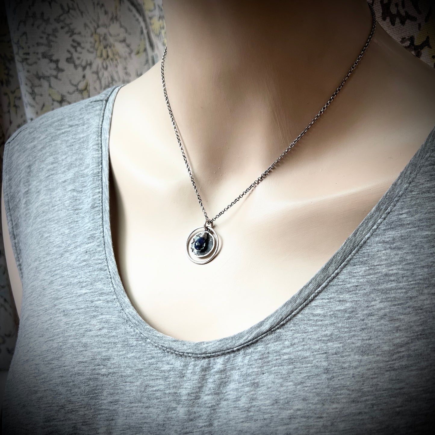 Genuine Sapphire Sterling Silver Necklace | Dark Blue Gemstone Stamped Circle Pendant