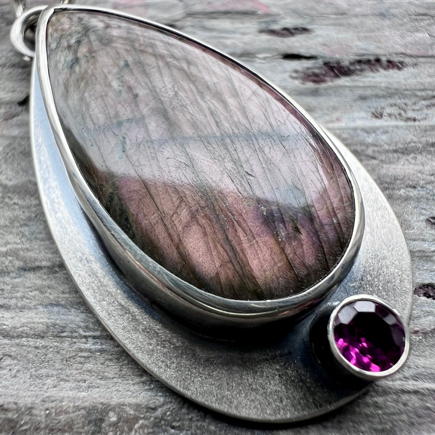 Sterling Silver Purple Labradorite and Rhodolite Garnet Necklace | Natural Stone Teardrop Pendant