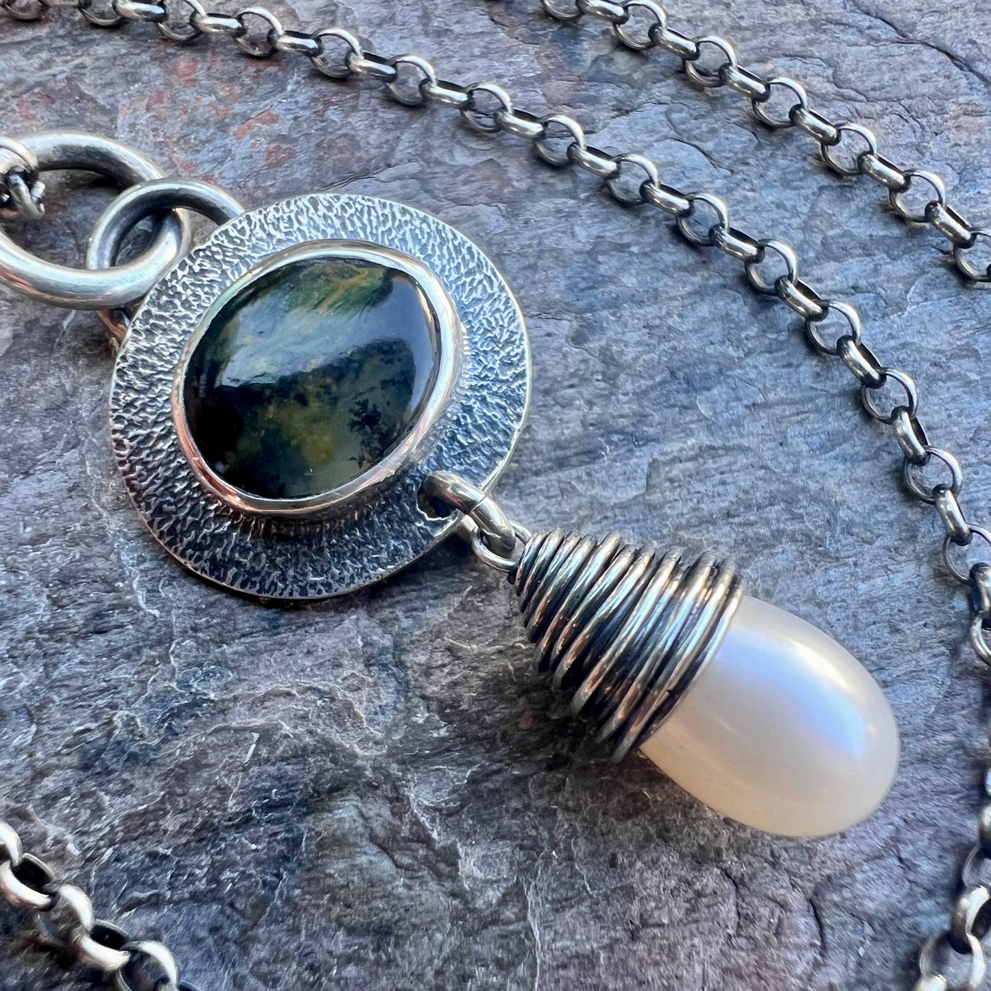 Sterling Silver Opal and Pearl Necklace - Genuine Peruvian Opal and Fresh Water Pearl Pendant - Handmade Jewelry Unique Gift for Her