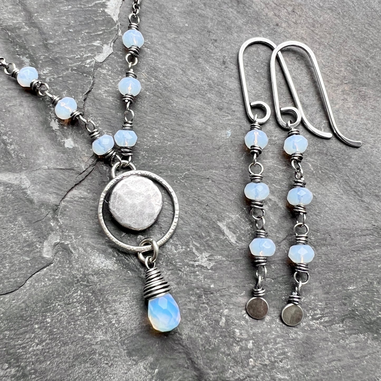 Sterling Silver Opalite Earrings | Beaded Opalite Long Dangles
