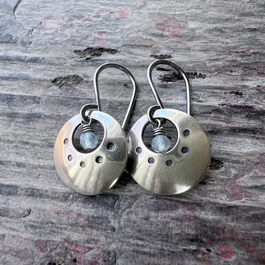 Sterling Silver Birthstone Earrings | Customizable Genuine Gemstone and Stamped Circle Dangle Earrings