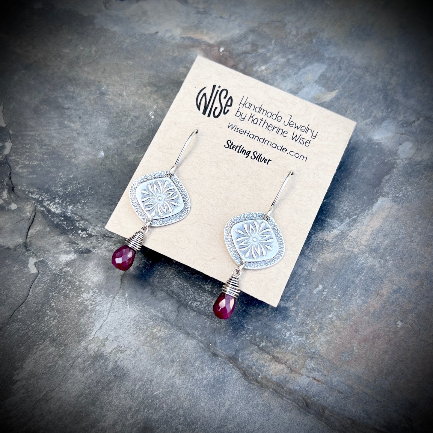 Genuine Ruby Sterling Silver Earrings | Flower Medallion and Ruby Red Teardrop Dangles