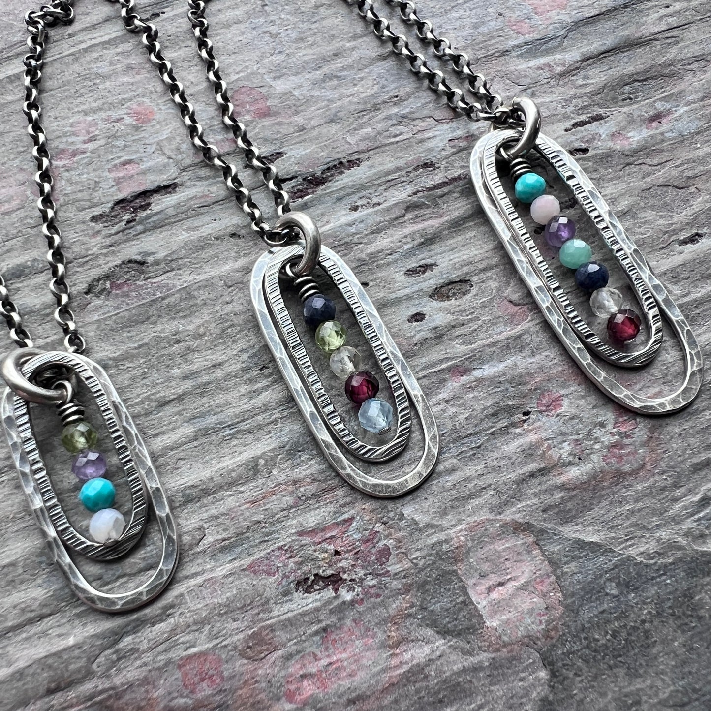 Customizable Sterling Silver Birthstone Necklace | Genuine Gemstone Hammered Long Oval Pendant