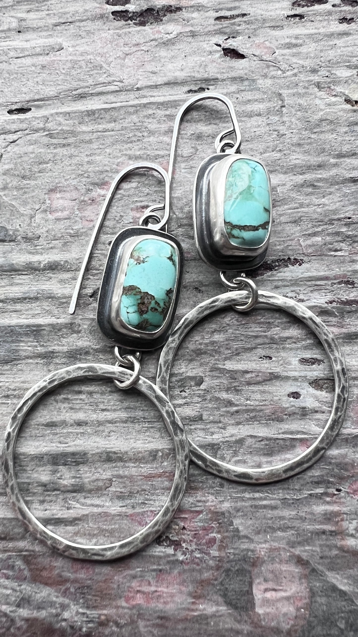 Turquoise Sterling Silver Earrings | Genuine Natural Turquoise and Hammered Hoops