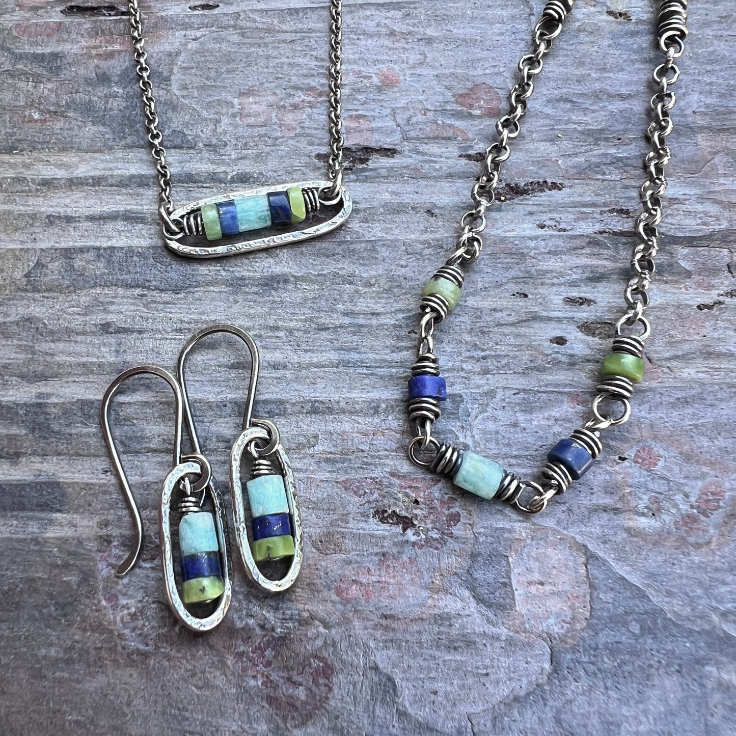 Sterling Silver Genuine Stone Earrings | Amazonite, Lapis Lazuli, and Chrysoprase in Hammered Oval Dangles