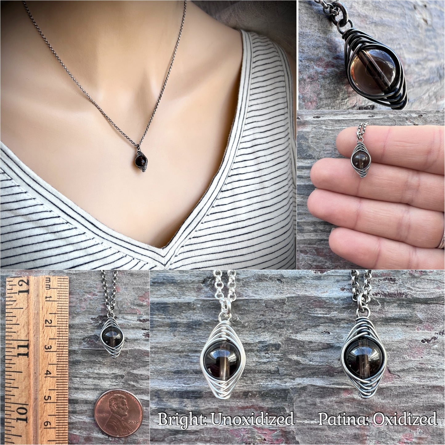 Sterling Silver Smoky Quartz Necklace | Natural Stone Wire-wrapped Pendant