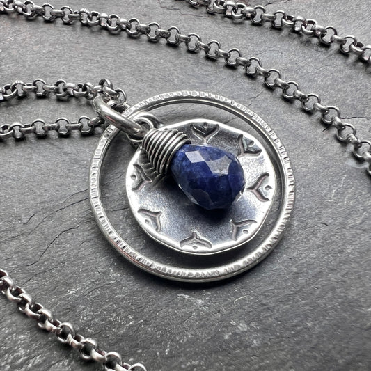 Genuine Sapphire Sterling Silver Necklace | Dark Blue Gemstone Stamped Circle Pendant