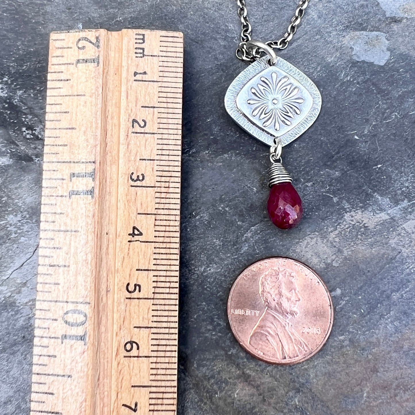 Genuine Ruby Sterling Silver Necklace | Flower Medallion and Ruby Red Teardrop Pendant