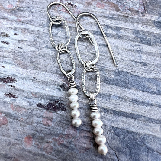 Sterling Silver Pearl Earrings | Hammered Silver Links and Genuine Pearl Long Dangle Earrings