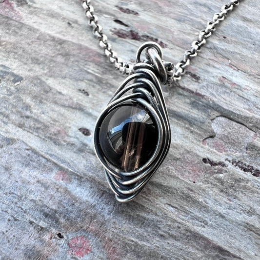 Sterling Silver Smoky Quartz Necklace | Natural Stone Wire-wrapped Pendant