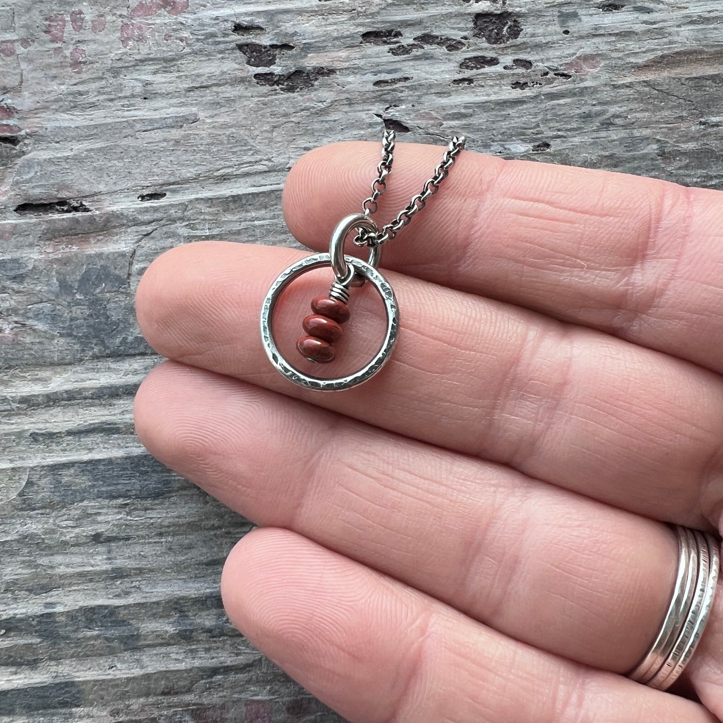 Sterling Silver Red Jasper Necklace | Natural Stones in Hammered Ring Pendant