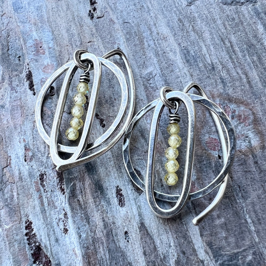 Yellow Zircon Sterling Silver Earrings | Tiny Zircon Gems in Hammered Silver Rings