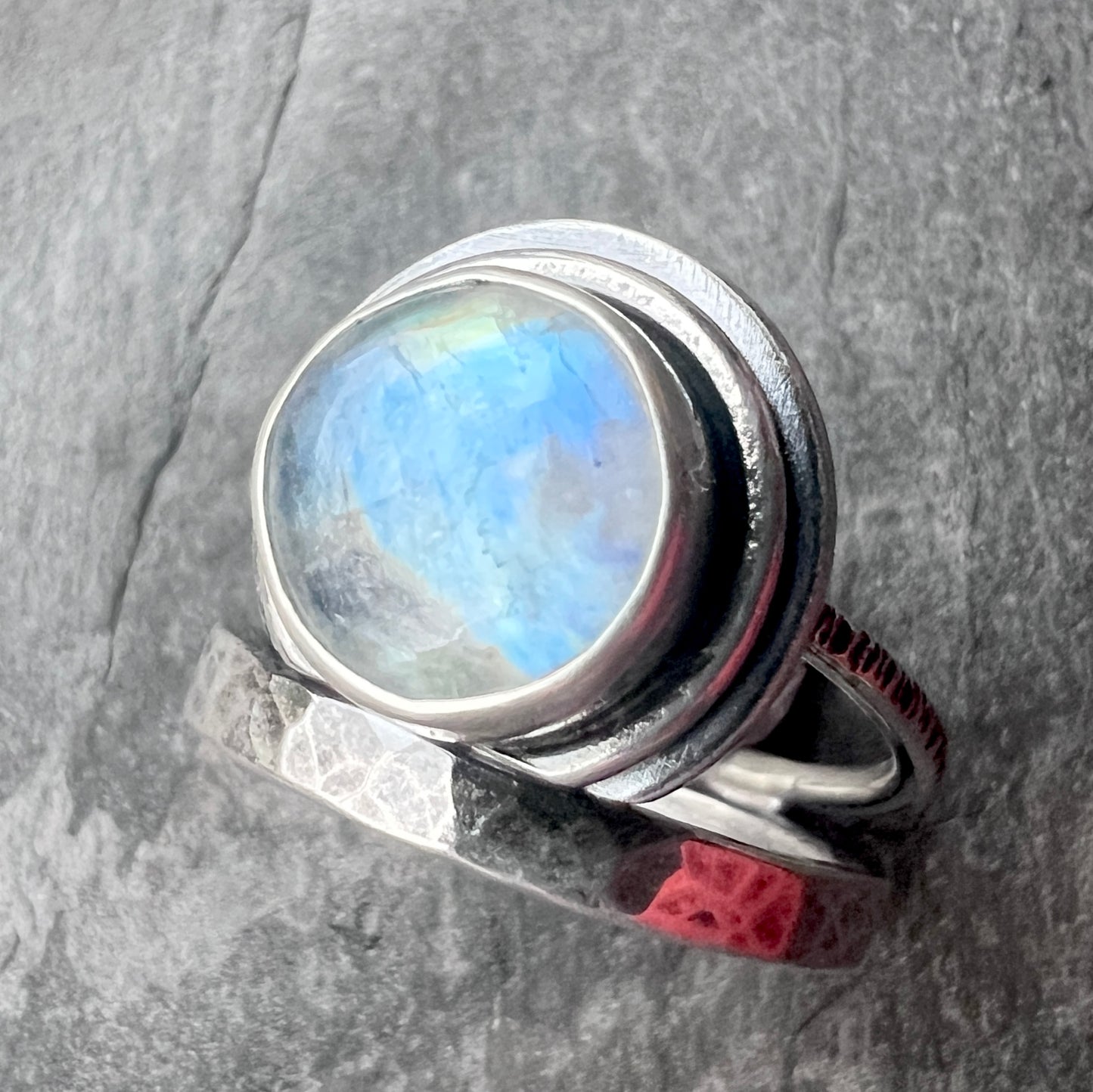 Sterling Silver Rainbow Moonstone Ring | Round Natural Stone Cabochon Ring - Size 9