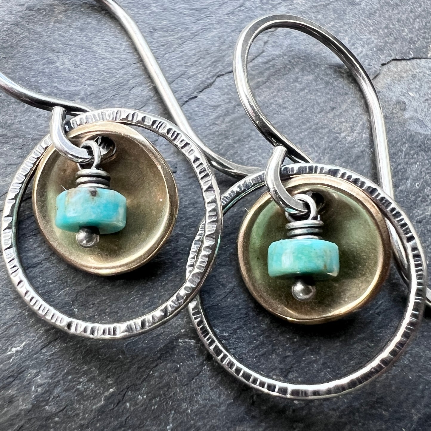 Turquoise Sterling Silver Earrings | Natural Stone Mixed Metal Small Dangles