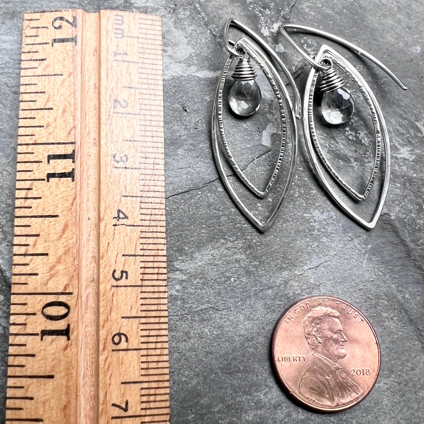 Sterling Silver Crystal Quartz Earrings | Clear Natural Stone Hammered Marquise Dangles