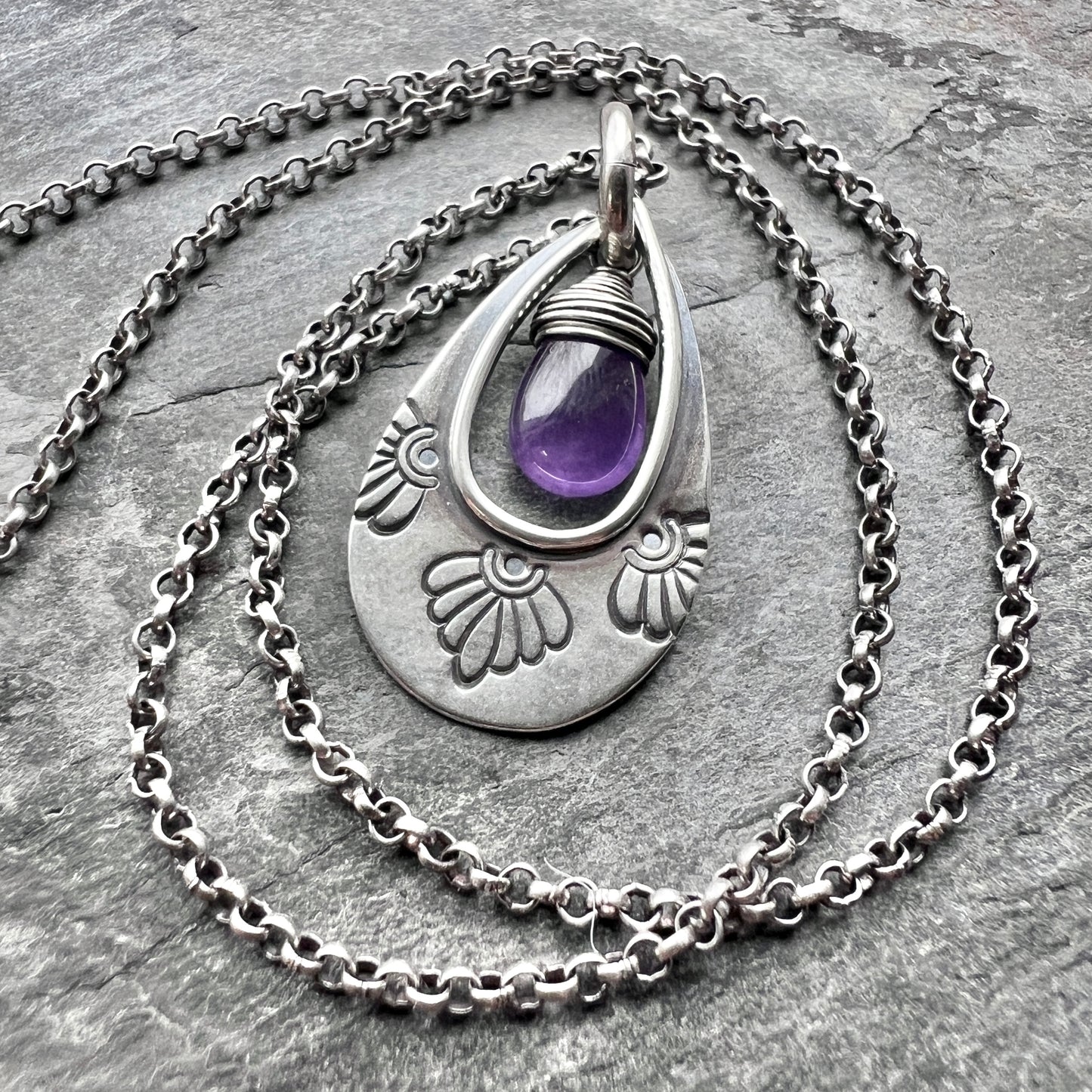 Genuine Amethyst Sterling Silver Necklace | Purple Teardrop Stamped Pendant