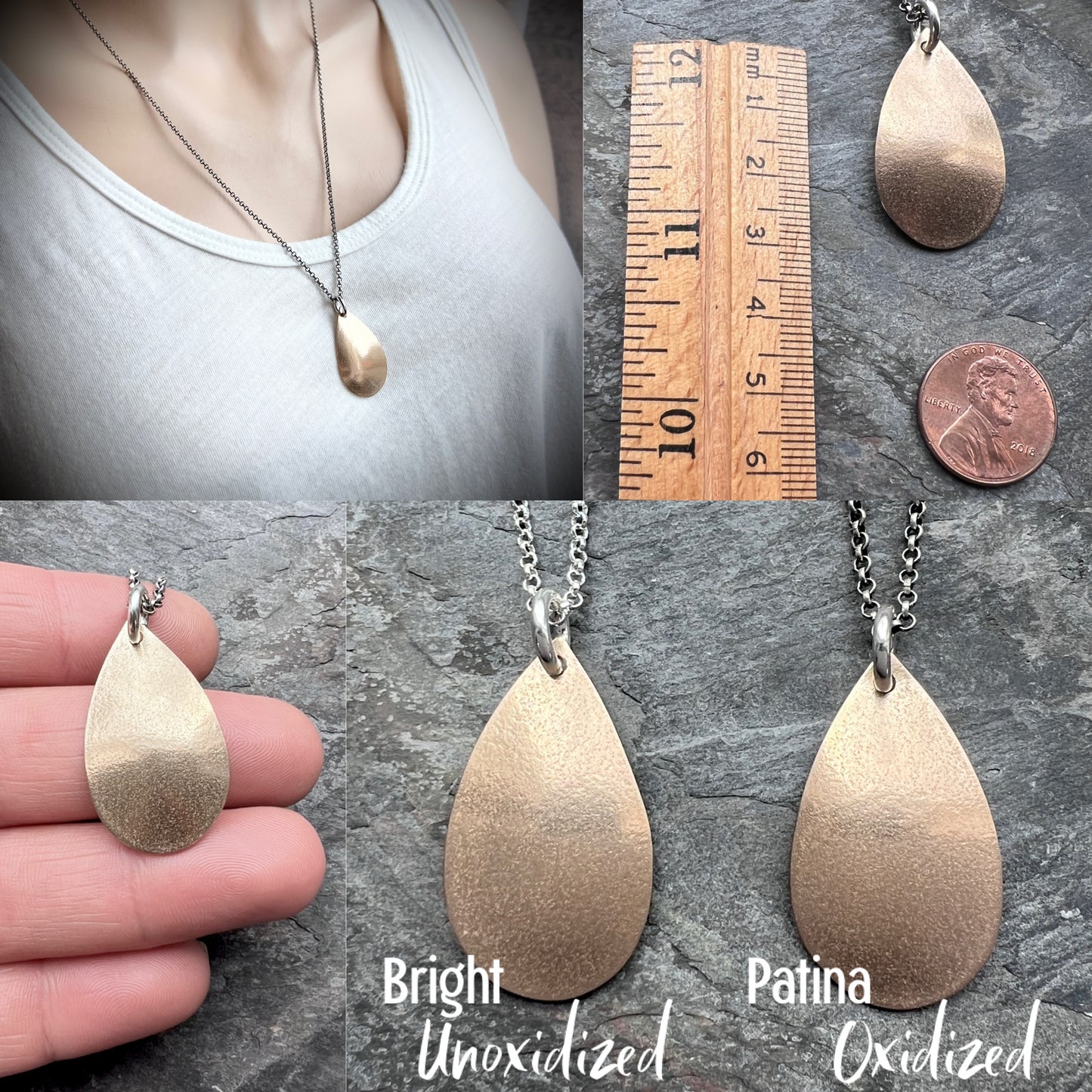 Golden Bronze Teardrop Pendant with Sterling Silver Chain | Mixed Metal Necklace