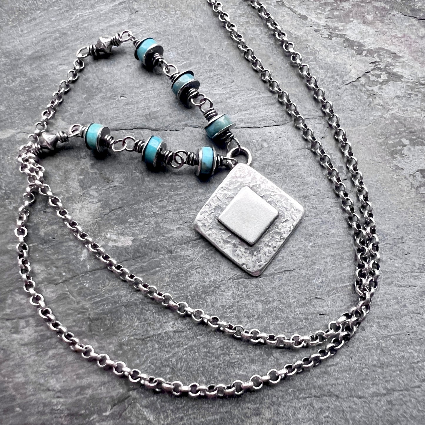 Genuine Turquoise Sterling Silver Necklace | Natural Stone Wire-wrapped Beads with Silver Diamond Pendant