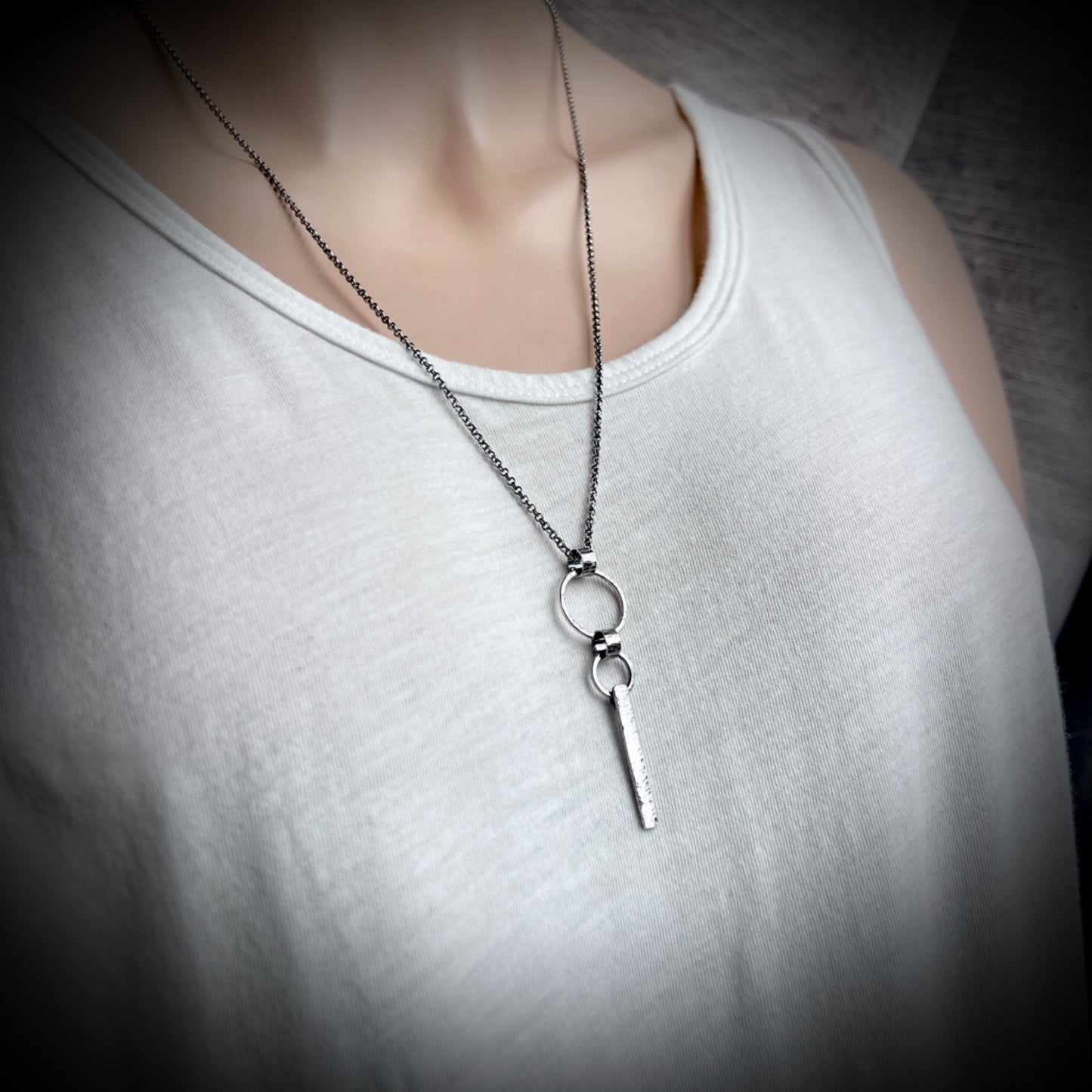 Sterling Silver Hammered Bar and Rings Necklace | Handmade Long Silver Pendant
