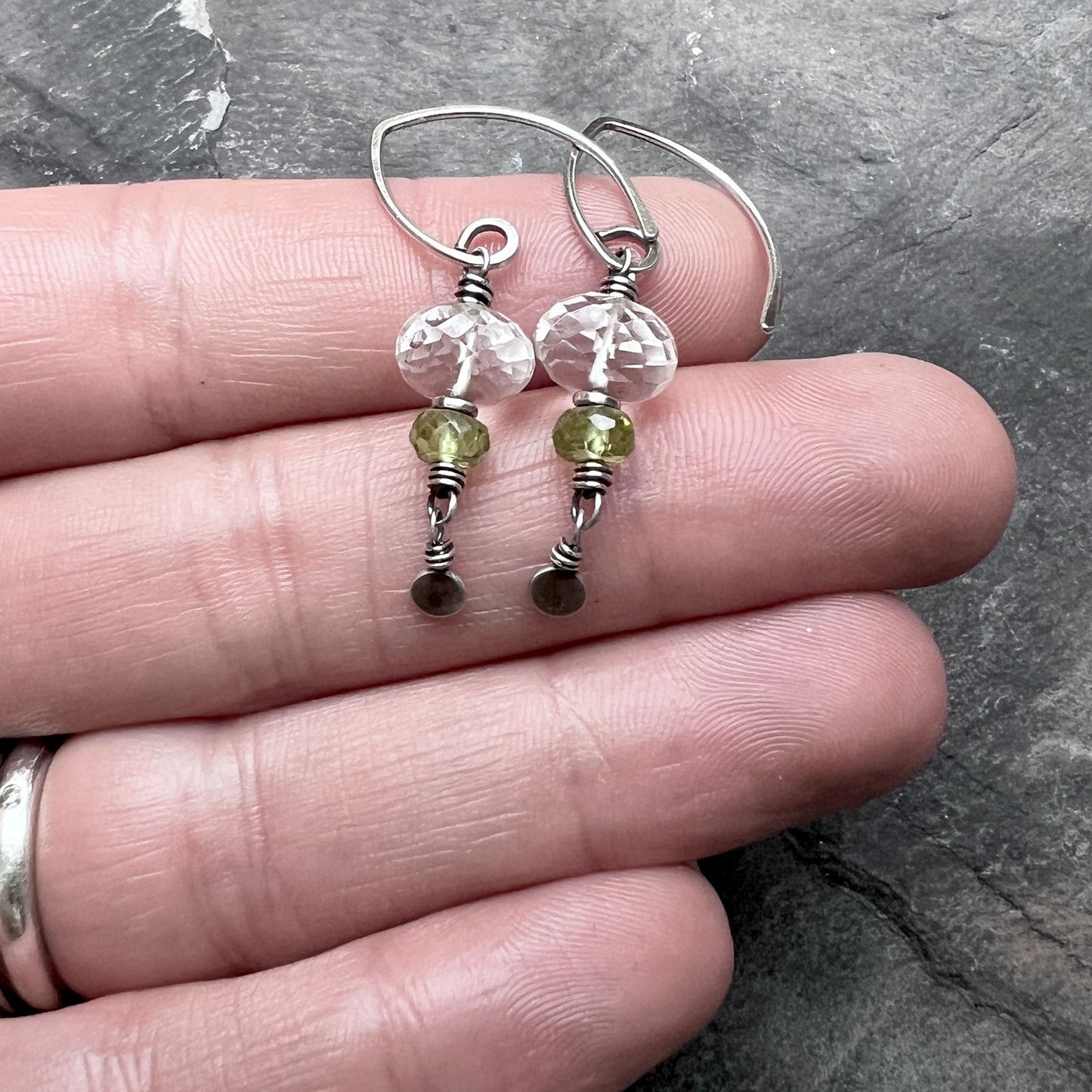 Sterling Silver Peridot and Crystal Quartz Earrings | Green and Clear Natural Stone Dangles