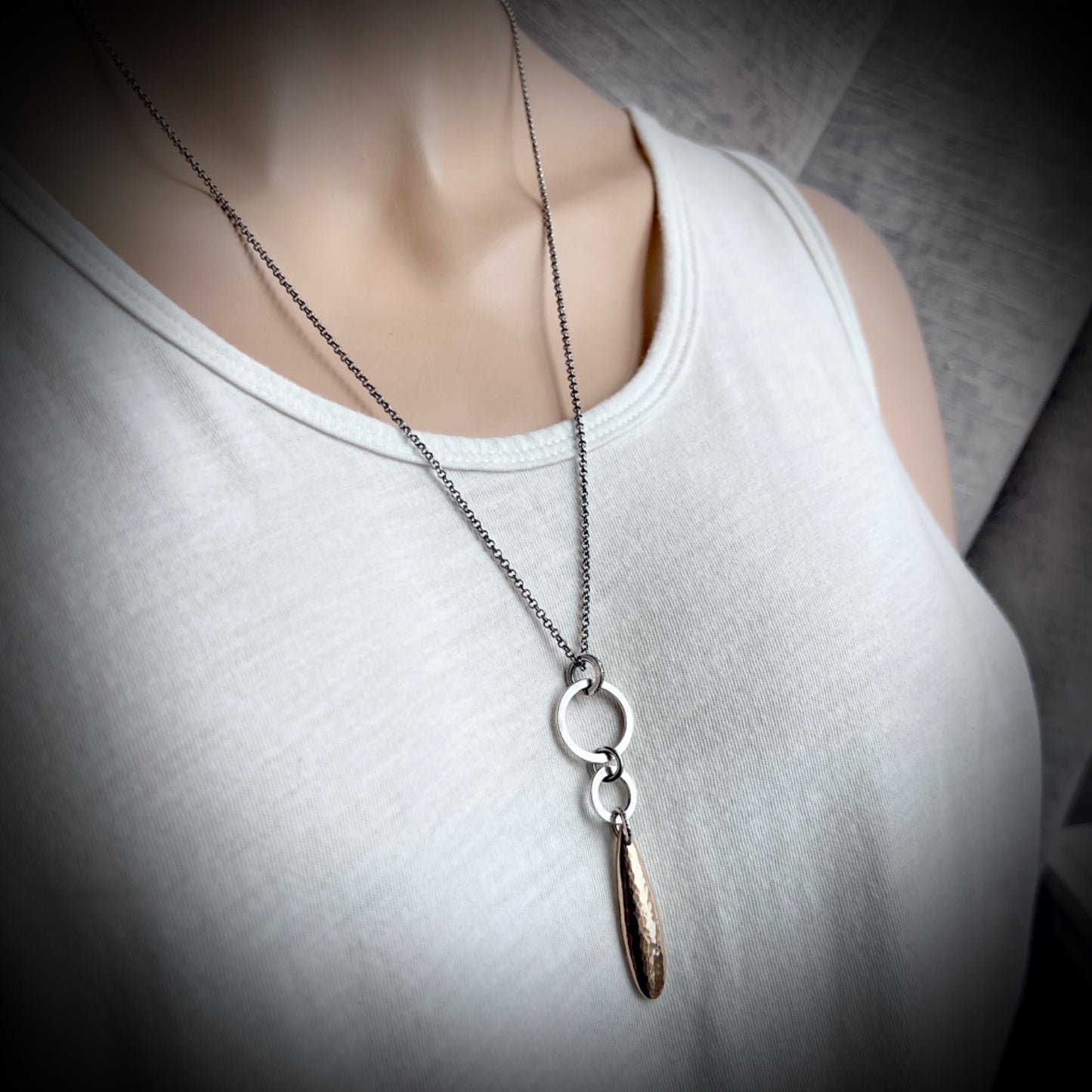 Sterling Silver and Bronze Teardrop on Rings Necklace | Minimalist Hammered Drop Pendant