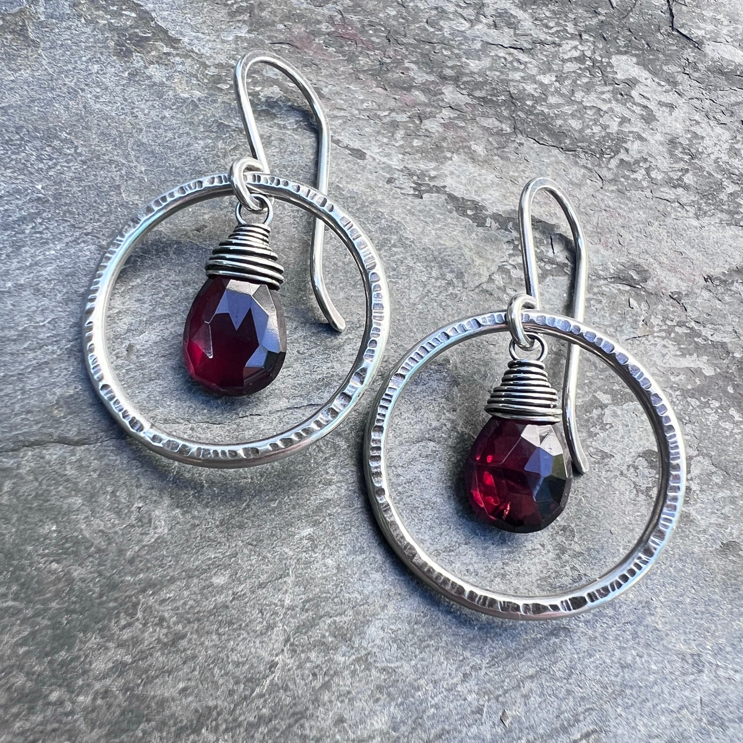 Genuine Garnet Sterling Silver Earrings | Deep Red Teardrops in Hammered Hoops