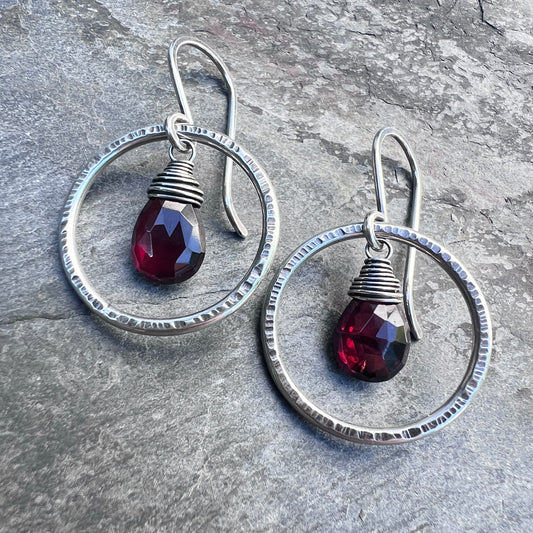 Genuine Garnet Sterling Silver Earrings | Deep Red Teardrops in Hammered Hoops