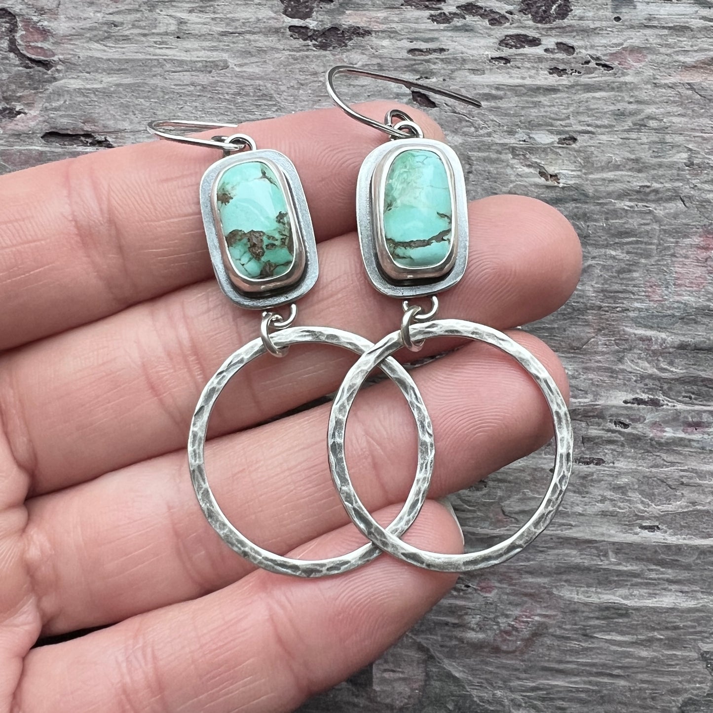 Turquoise Sterling Silver Earrings | Genuine Natural Turquoise and Hammered Hoops