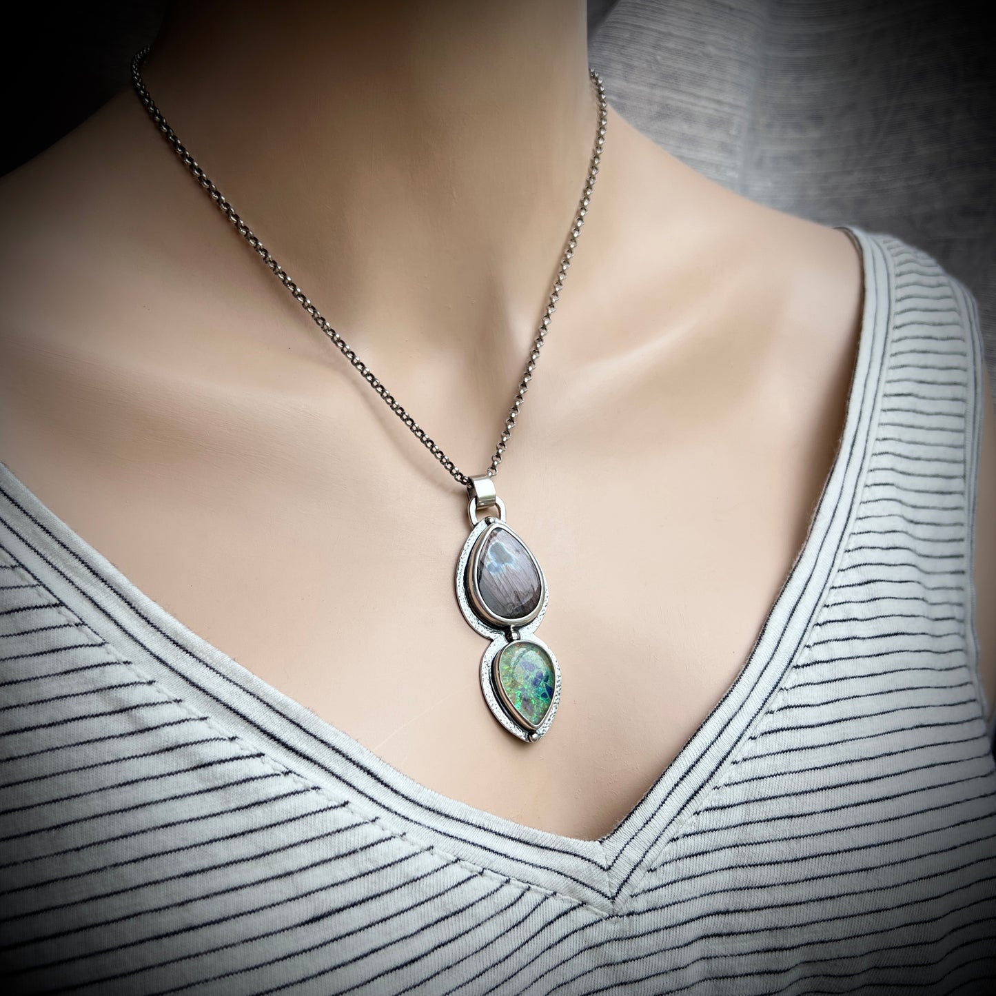 Sterling Silver Labradorite and Monarch Opal Pendant Necklace