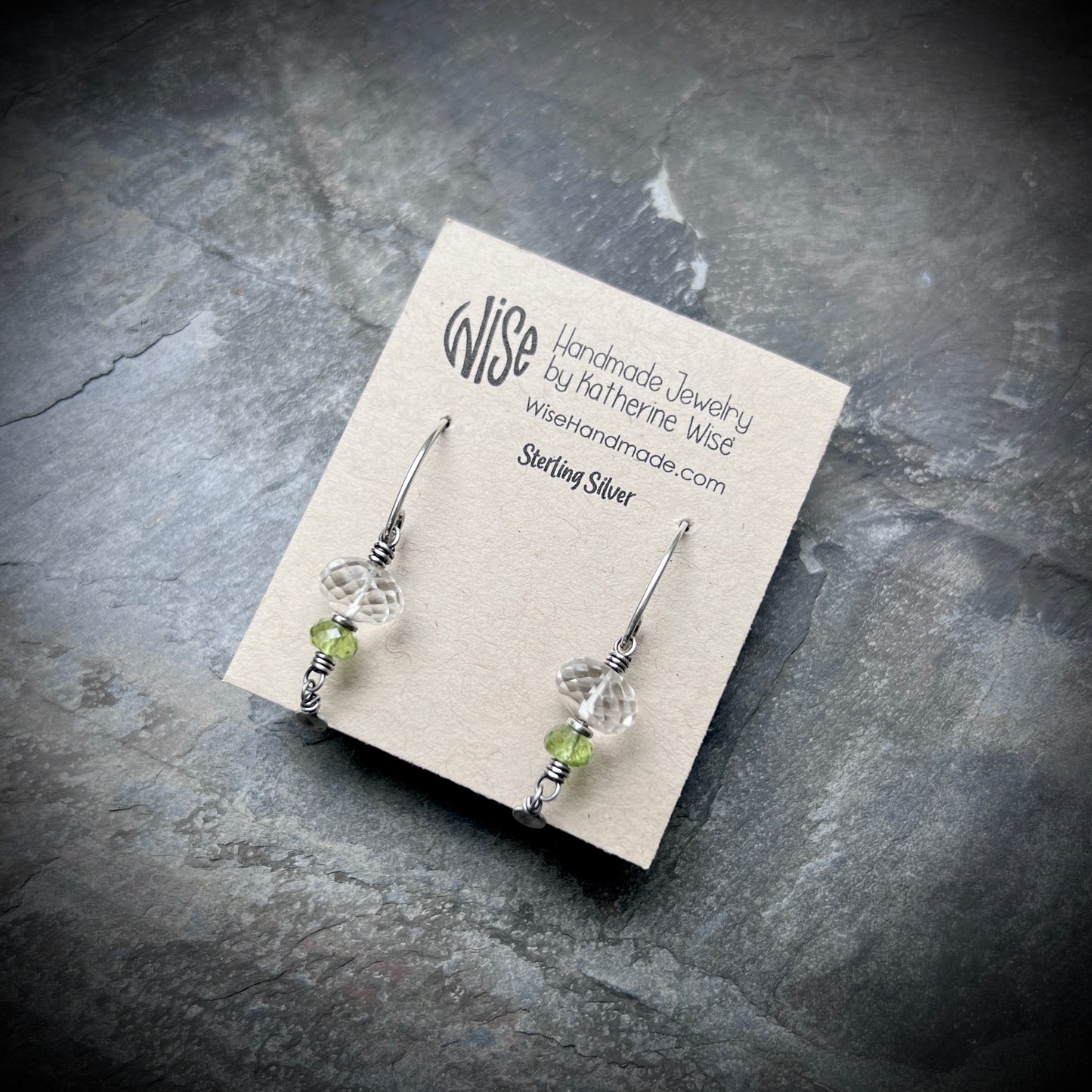 Sterling Silver Peridot and Crystal Quartz Earrings | Green and Clear Natural Stone Dangles