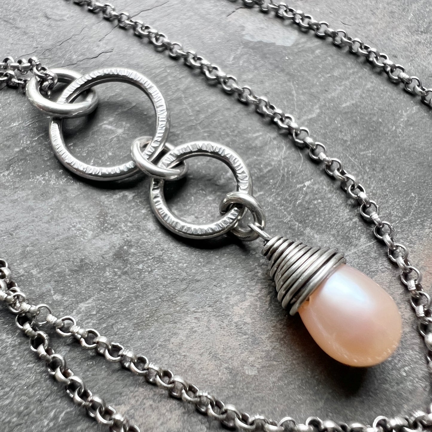Sterling Silver Pearl Teardrop Necklace | Peach Pearl and Silver Rings Pendant