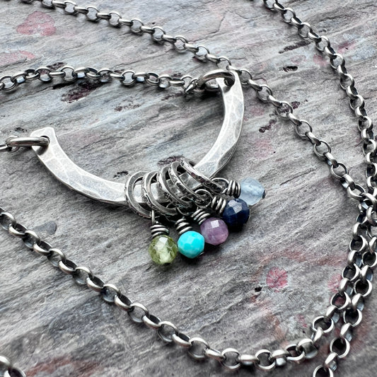 Sterling Silver Birthstone Necklace | Customizable Genuine Gem Charms on Hammered Curve Pendant