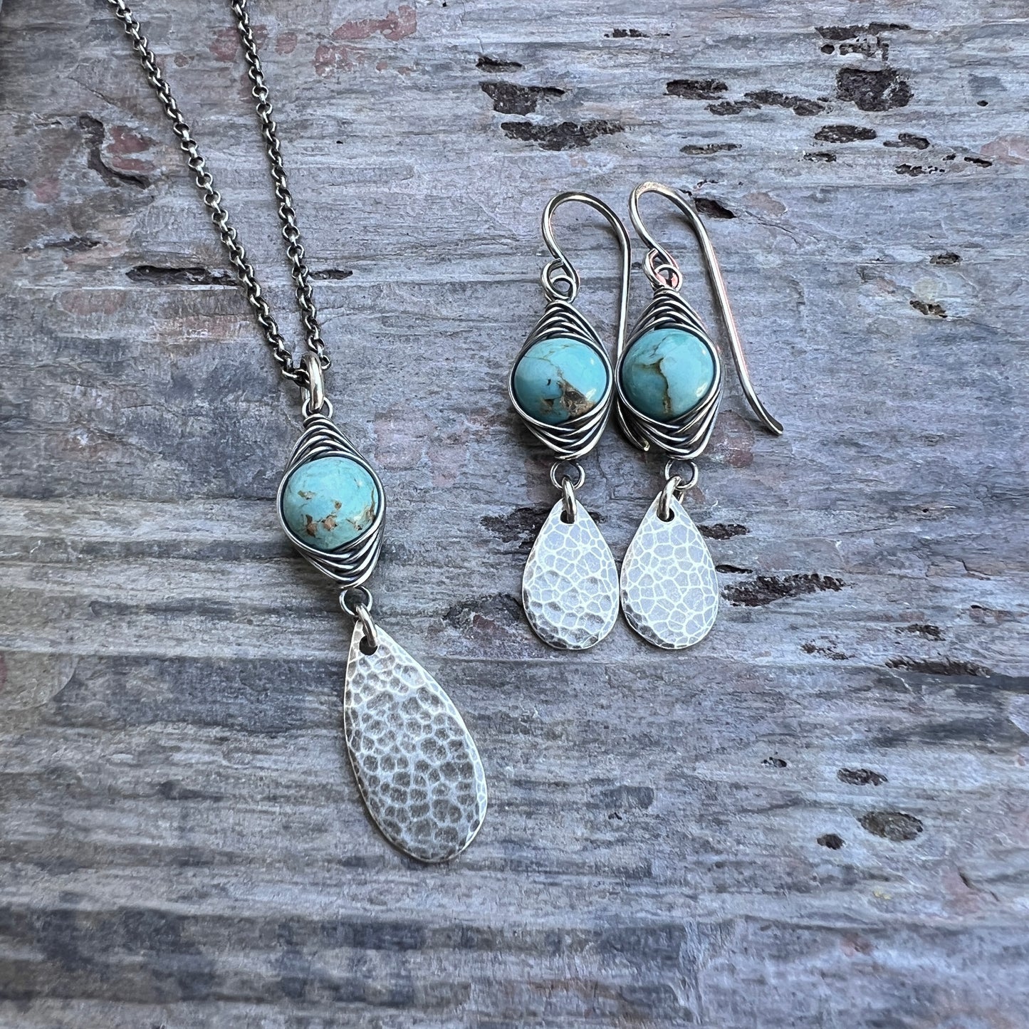 Genuine Turquoise Sterling Silver Earrings | Wire-wrapped Natural Stone and Hammered Teardrop Dangles