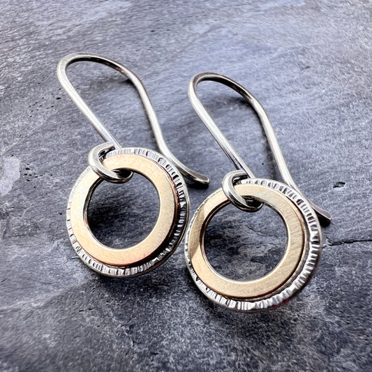Sterling Silver and Brass Earrings | Mixed Metal Tiny Ring Dangles