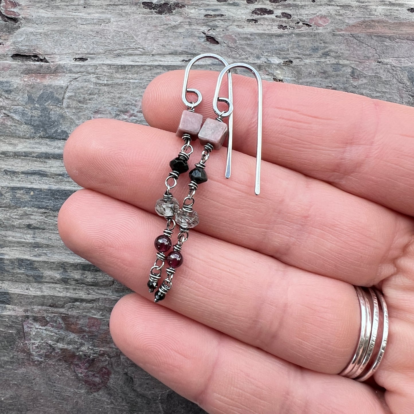 Sterling Silver Natural Stone Earrings | Pink and Black Beaded Long Dangles