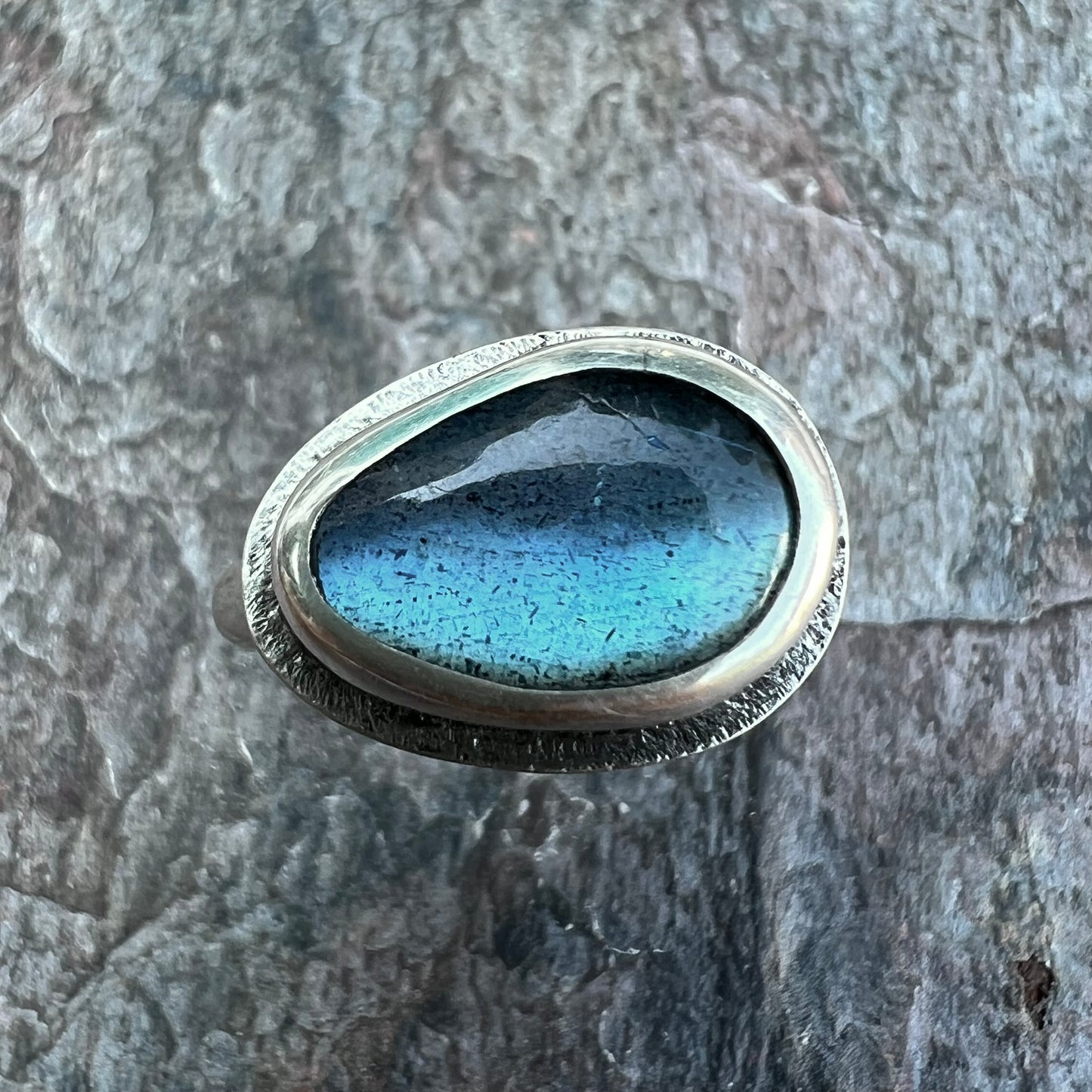 Labradorite Sterling Silver Ring - Handmade One-of-a-kind Labradorite Ring on Silver Silver Band - Size 8