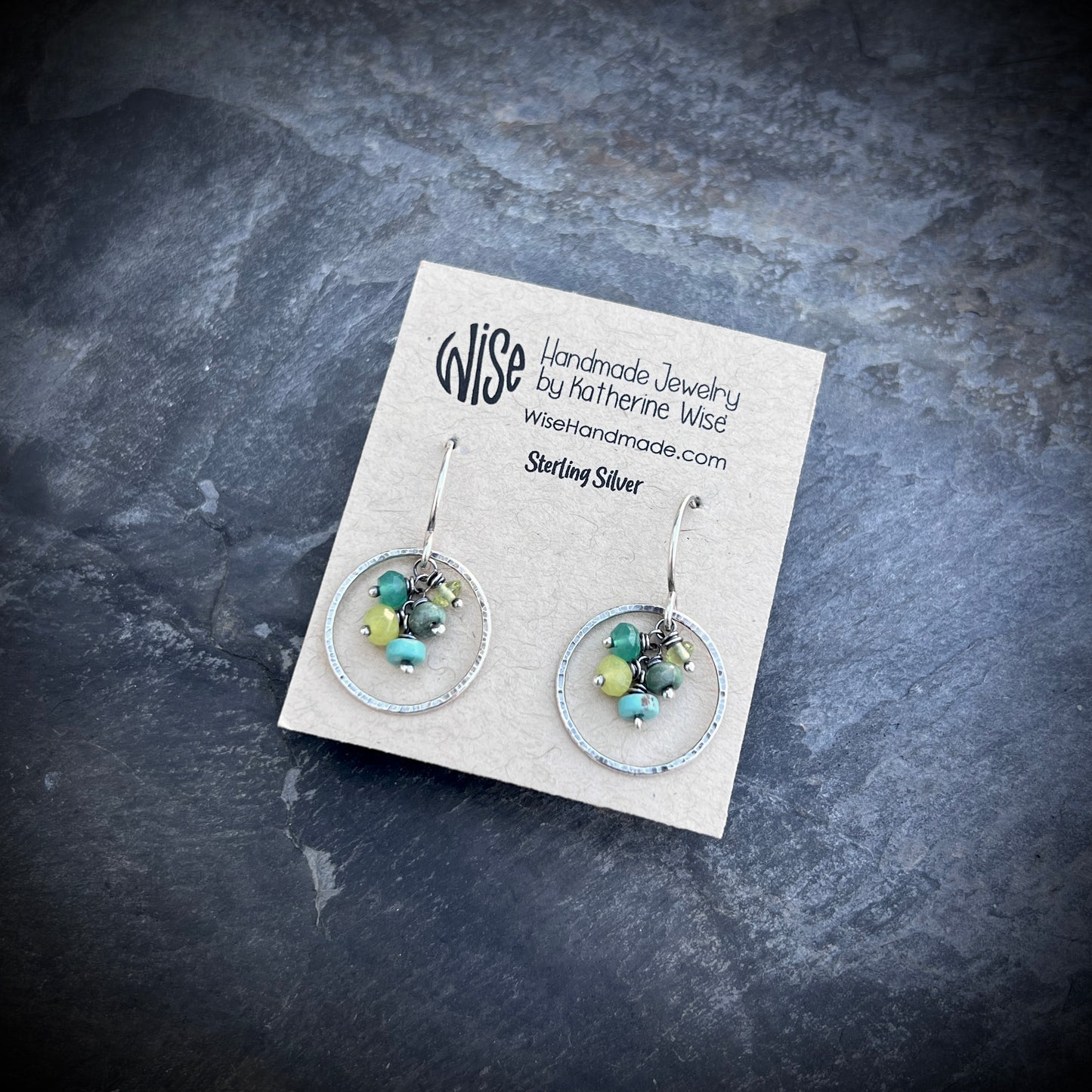 Sterling Silver Green Gemstone Earrings | Hammered Rings and Natural Stone Dangles