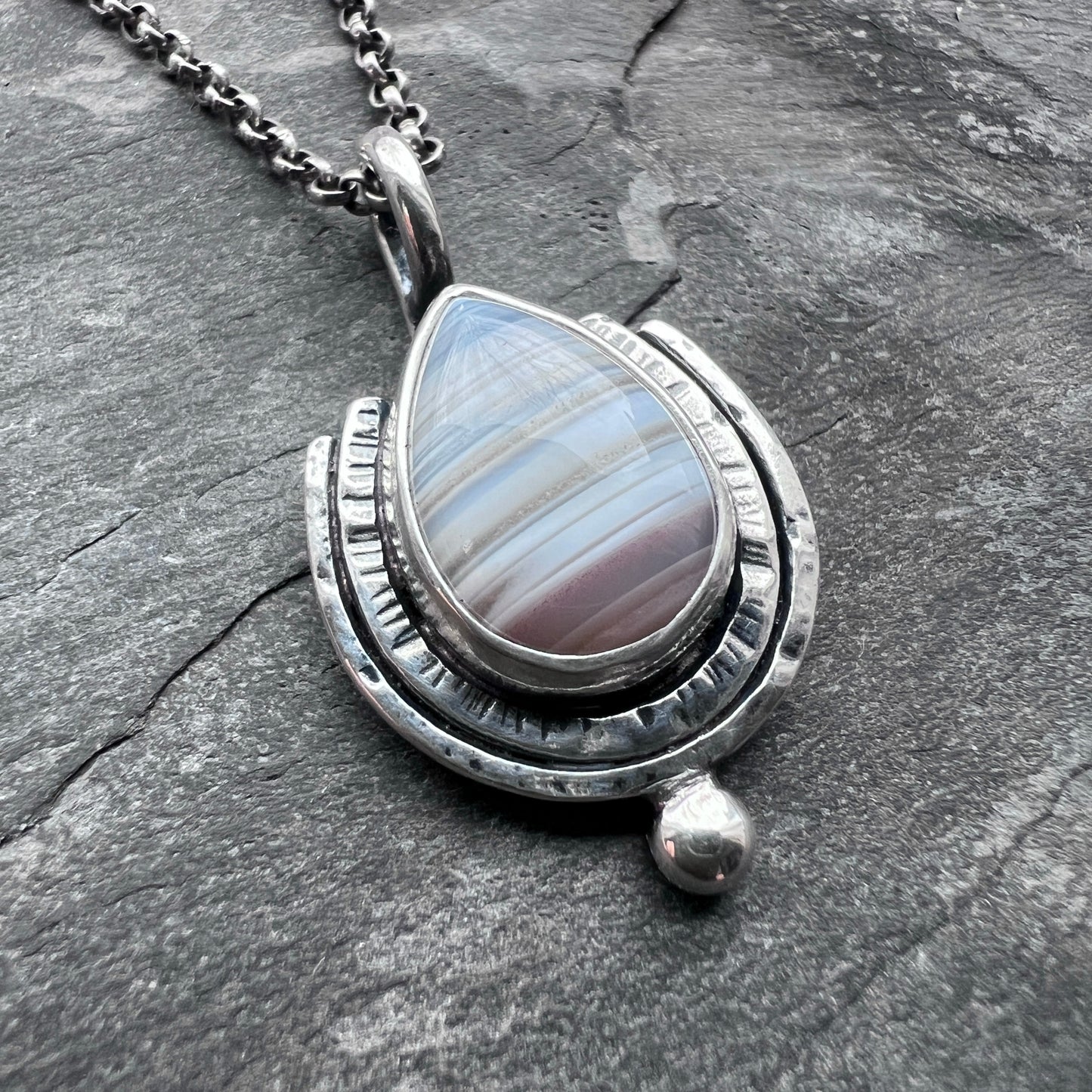 Sterling Silver Banded Agate Necklace | Natural Stone Teardrop Pendant