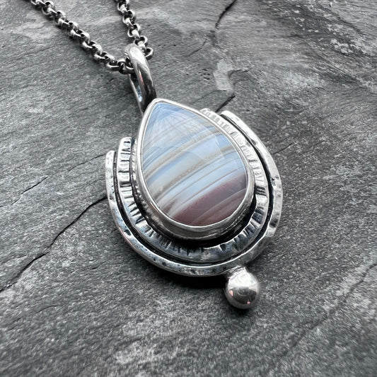 Sterling Silver Banded Agate Necklace | Natural Stone Teardrop Pendant