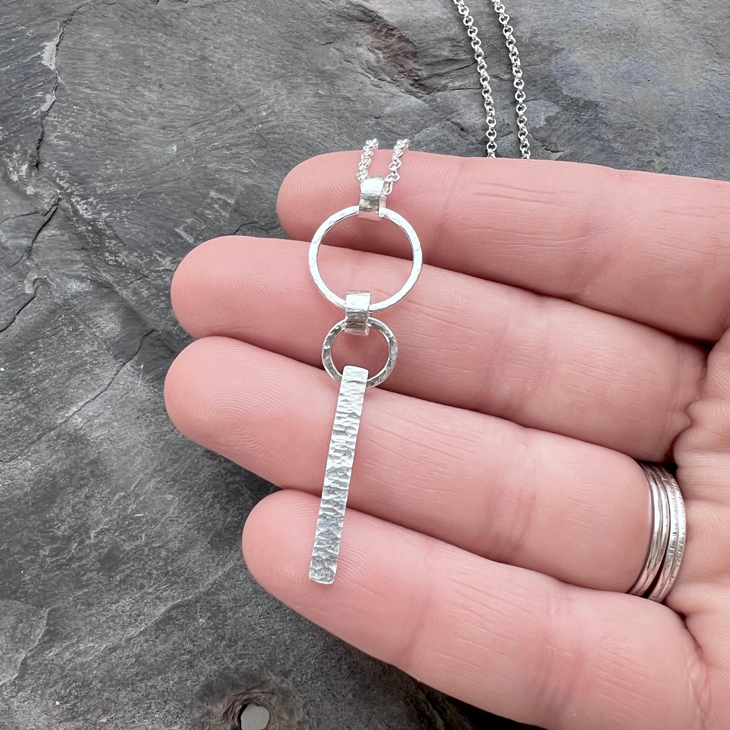 Sterling Silver Hammered Bar and Rings Necklace | Handmade Long Silver Pendant