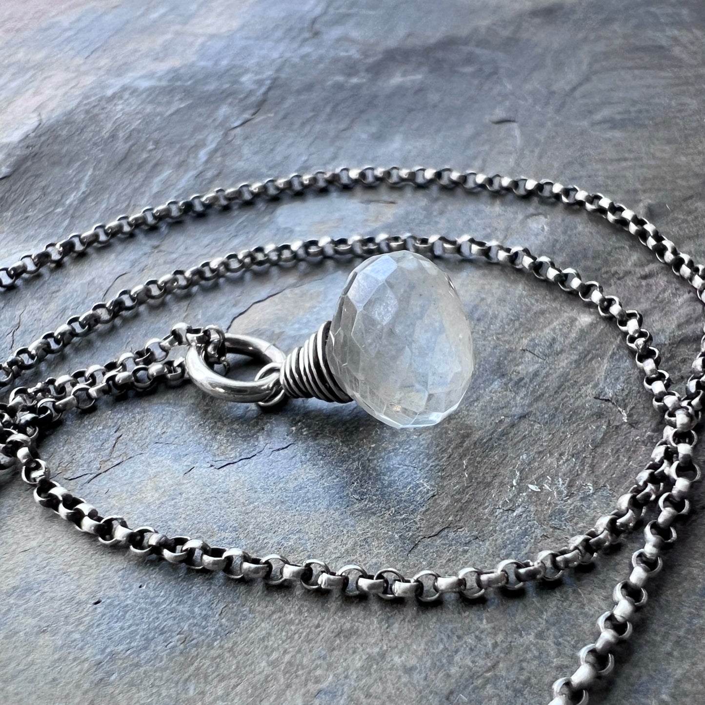 Sterling Silver Crystal Quartz Necklace | Clear Natural Stone Teardrop Pendant