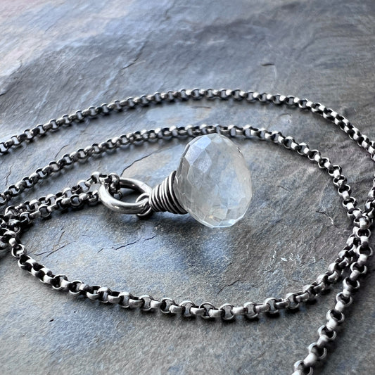 Sterling Silver Crystal Quartz Necklace | Clear Natural Stone Teardrop Pendant
