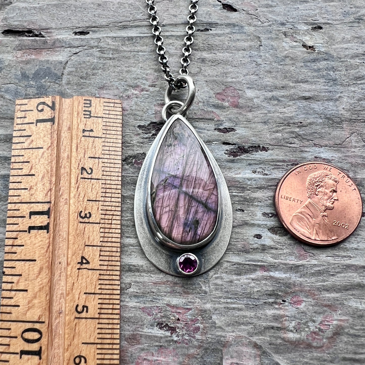 Sterling Silver Purple Labradorite and Rhodolite Garnet Necklace | Natural Stone Teardrop Pendant