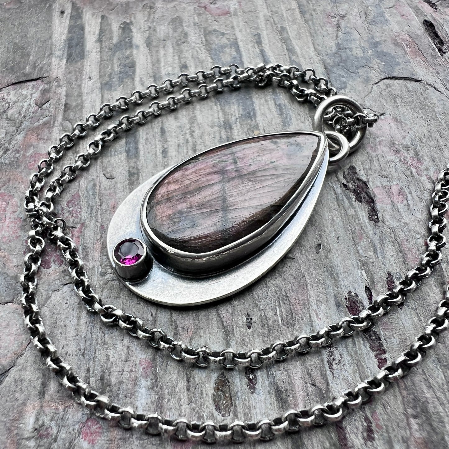 Sterling Silver Purple Labradorite and Rhodolite Garnet Necklace | Natural Stone Teardrop Pendant